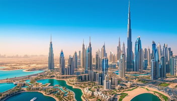 Panoramic view of Dubai's iconic skyline featuring high-rise skyscrapers, including the Burj Khalifa, with a backdrop of a clear blue sky and modern architecture.