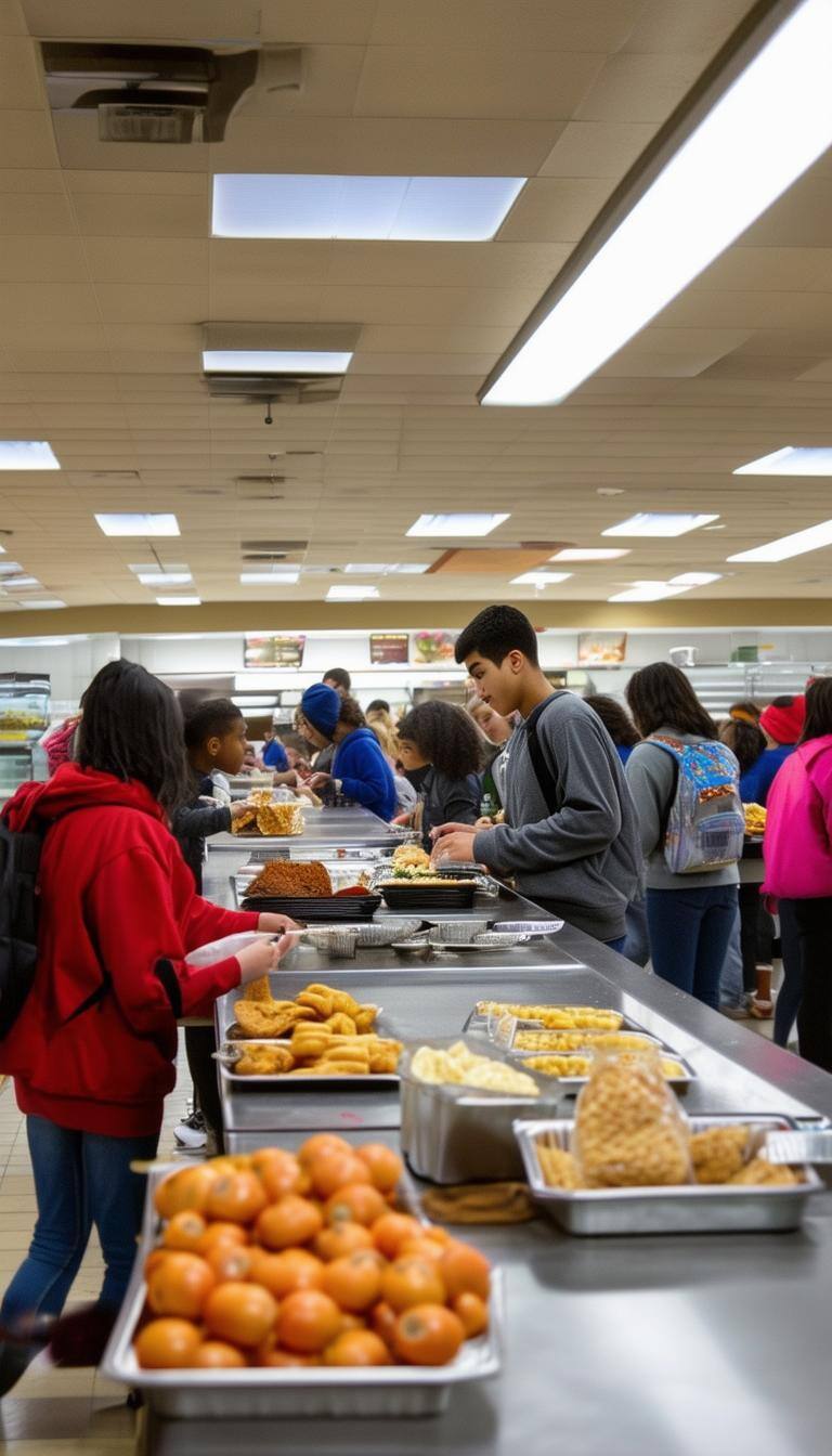 School Cafeteria, showing students buying food