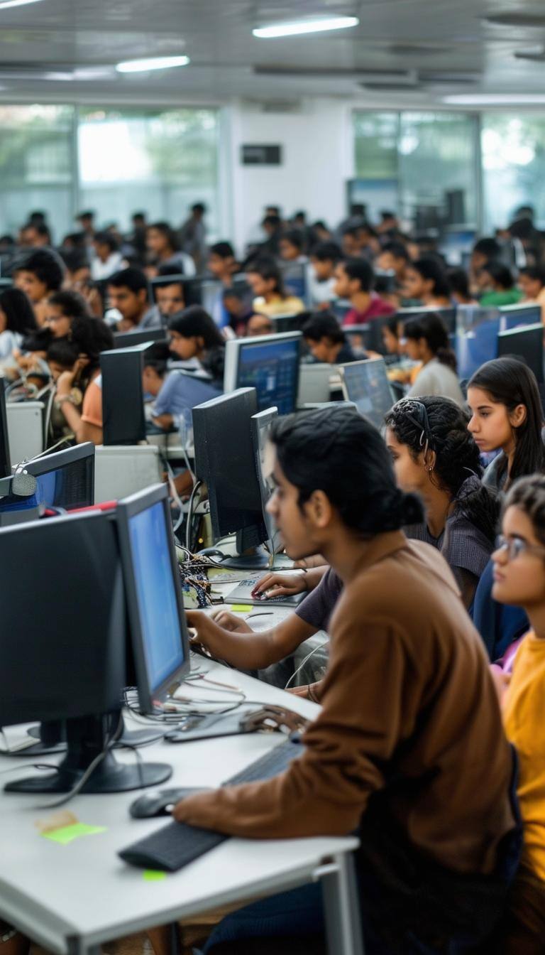 computer lab in a collage, showing busy students